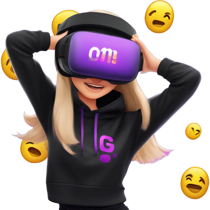 Russian girl wearing black hoody with violet letters "OMG", in vr headset oculus quest2. Dancing. Cyberpunk style. Violet neon. emoji