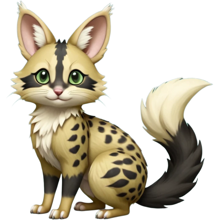 Dark-Green, black-pointed, soft natural realistic romantic vintage antique divine beautiful elegant pretty precious cute young youthful  Fakémon-Pokémon-opossum-feline-serval-caracal-chinchilla-Minccino-Cinccino-Meowstic-rodent-hybrid-creature with a big fluffy bushy tail (full body) emoji