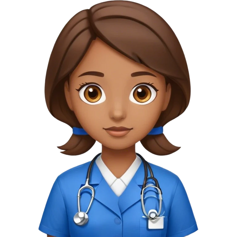 a brown haired girl with brown eyes being a medical assistant dressed in blue  emoji
