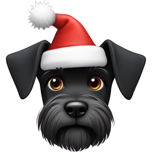 Black miniature schnauzer with spiky hair wearing a Santa hat emoji