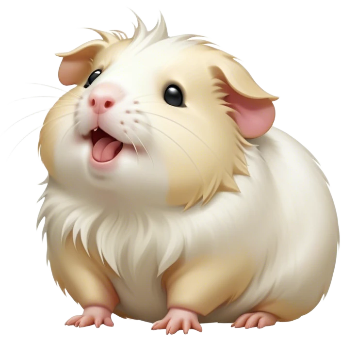 Cinematic Cute Yawning White Guinea Pig Portrait Emoji, Head tilted slightly with a dramatic, wide-open yawn, revealing a soft, downy white coat with tiny drooping ears, round dark eyes barely open in drowsy contentment, Simplified yet irresistibly adorable features, highly detailed, glowing with a soft, cozy glow, high shine, relaxed yet expressive, stylized with a touch of whimsy, bright and endearing, soft glowing outline, capturing the essence of a sleepy yet affectionate guinea pig, so drowsy it feels like it could stretch right out of the screen and curl up for a nap! emoji