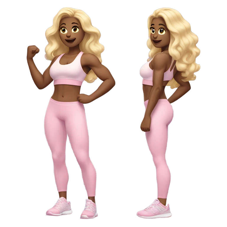 Woman, white skin, light skin, long hair, blonde hair, wavy hair, baby pink sports bra, baby pink leggings, flexing one arm up emoji