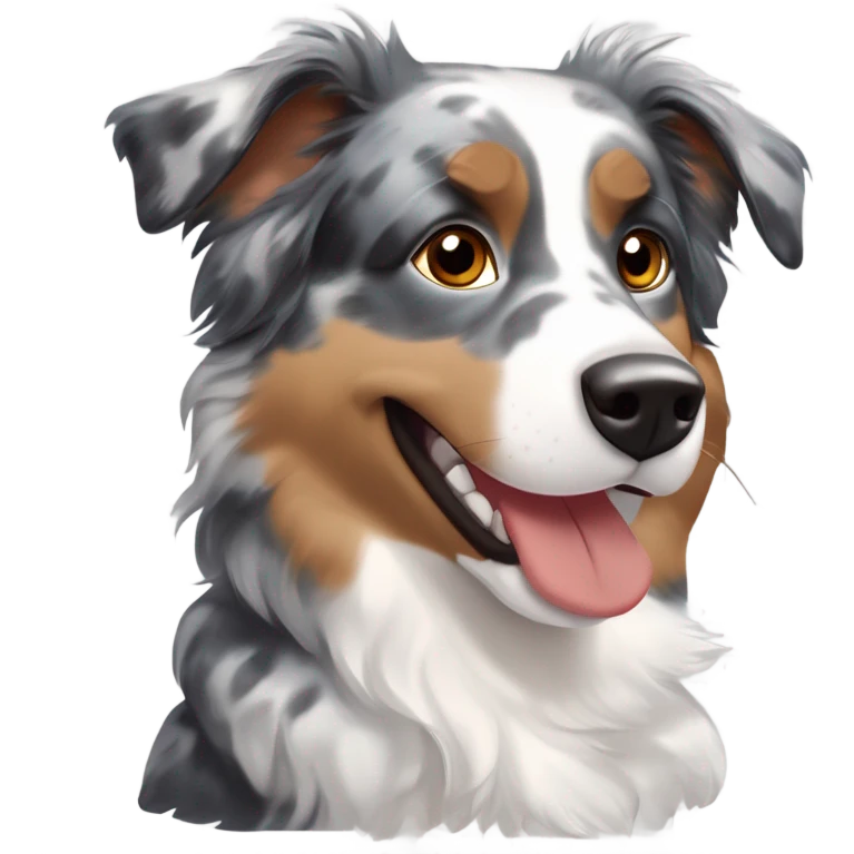 Blue merle Australian Shepherd with mostly gray and black fur, tan accents on cheeks, eyebrows, and legs, minimal white on the face and chest, bright brown eyes, black-tipped fluffy ears, big happy smile, and a red collar with tags. emoji