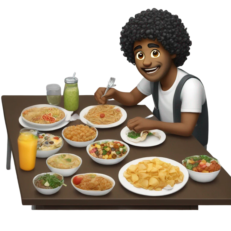 man with curly hair eating a lot of food emoji