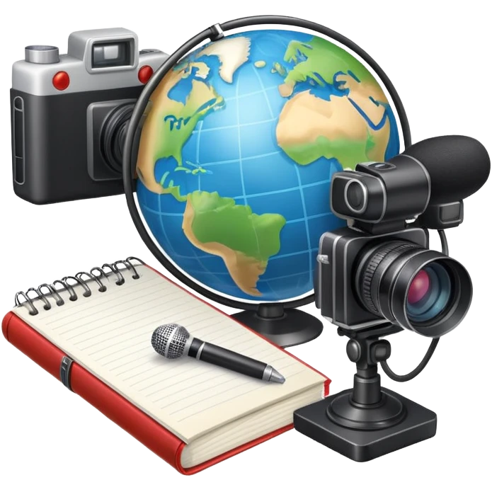 An icon showing a microphone, a notepad, and a camera, symbolizing journalism. The design includes a globe in the background, representing global news, and a breaking news banner for emphasis. Transparent background highlights the dynamic world of media and reporting. emoji