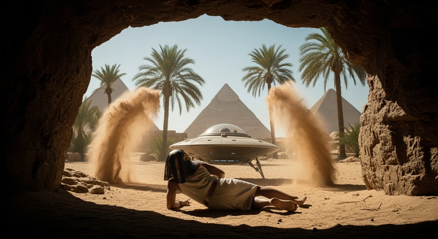 cinematic still, documentary photography, acient egypt, back shot of a man dress in ancient clothes in cave (frame in frame effect) on ground laying front of small ufo starship, sand flying around, palms, dynamic scane, leading lines, captured by arri alexa, depth layers, piramids in babckground emoji