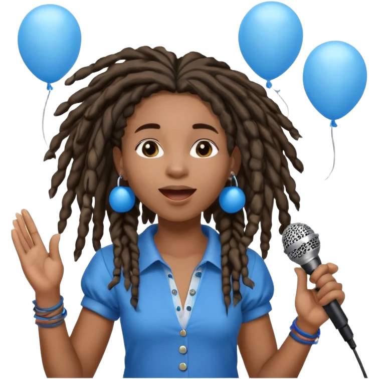 Black girl Stud with dreadlocks singing 1,2,3 release em with white and blue balloons flying overhead emoji like with mic in hand  emoji