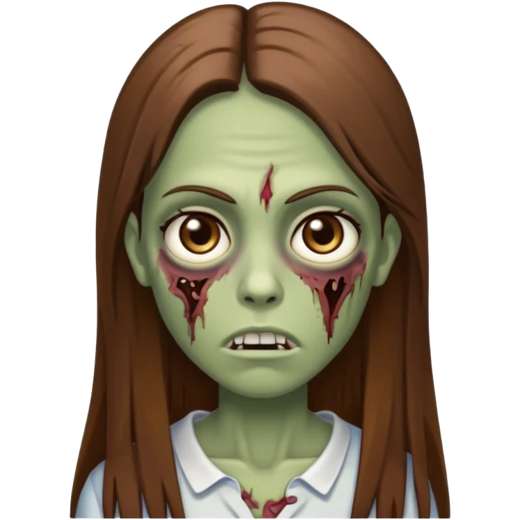 zumbi de franja, cabelo longo, liso e castanho. Olho amendoado e castanho  emoji