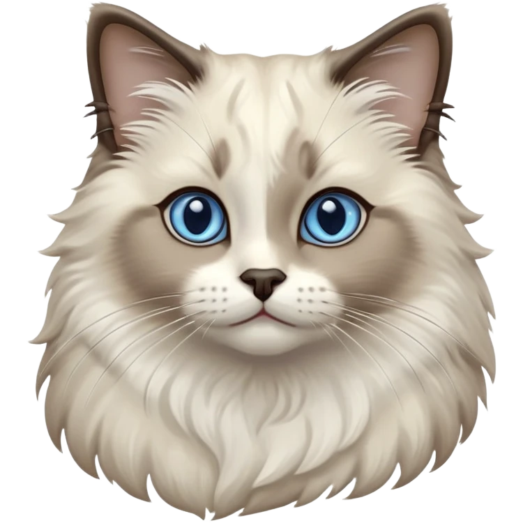 Cinematic-Fluffy-Seal-Ragdoll-Cat-Portrait-Emoji – Head tilted cutely with big, sparkling blue eyes, soft brown-and-white fur with darker seal points on the ears, face, and paws, simplified yet irresistibly adorable features, highly detailed, glowing with a soft and warm charm. emoji