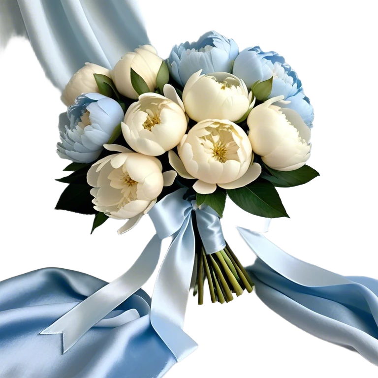 A lush bouquet of full-bloom white and pale blue peonies rests gently atop a flowing powder blue silk cloth. The petals, kissed with a subtle pearl sheen, seem to glow under the soft morning light. A delicate ivory ribbon, loosely tied in an effortless bow, drapes over the bouquet, its edges curling with natural grace. The silk background shimmers with movement, enhancing the dreamy elegance of the composition.
 emoji