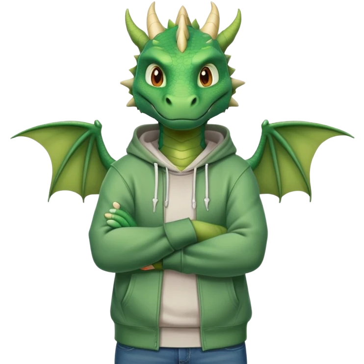 friendly anthropomorphised green dragon in a hoodie and jeans with arms folded, relaxed pose emoji
