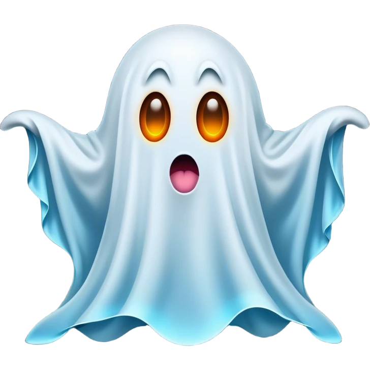 A hilariously exaggerated floating sheet ghost, its simple yet expressive form billowing with animated energy in vibrant whites and pale blues, with two wide, comically shocked eyes and a quirky, startled mouth, simplified yet overflowing with personality, highly detailed with a soft neon-like glowing outline, capturing the playful absurdity of a ghost caught off guard! emoji