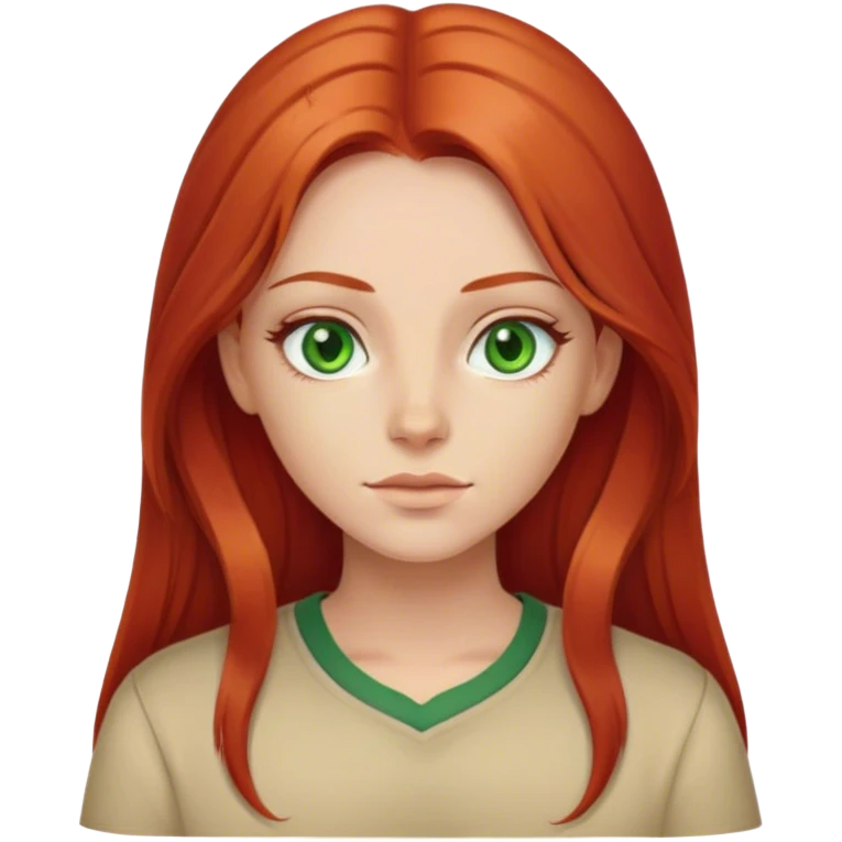 Girl with middle part long red hair and green eyes beige shirt emoji