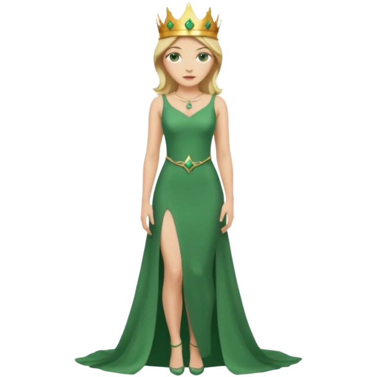 Queen, crown, blonde hair, green eyes, long green tight dress, Leg slit, whole Body, emoji