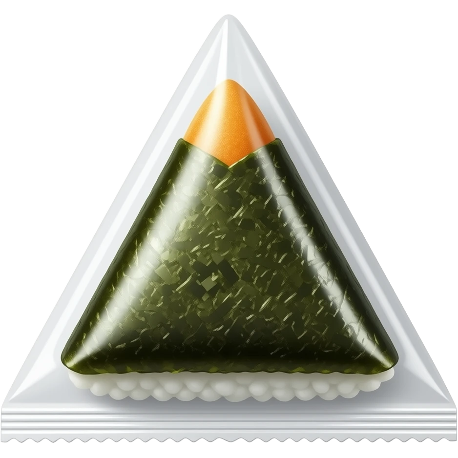 triangle kimbap in transparent plastic packaging, detailed seaweed texture, Korean convenience store product, clean white background, minimal commercial product photography emoji