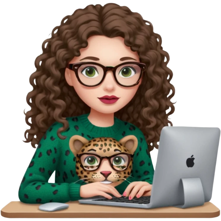 a european white young woman with long wavy/curly brown hair typing in a computer, she's using dark brown leopard glasses and knit green sweate, her lips are light red and her cheeks slightly pink emoji