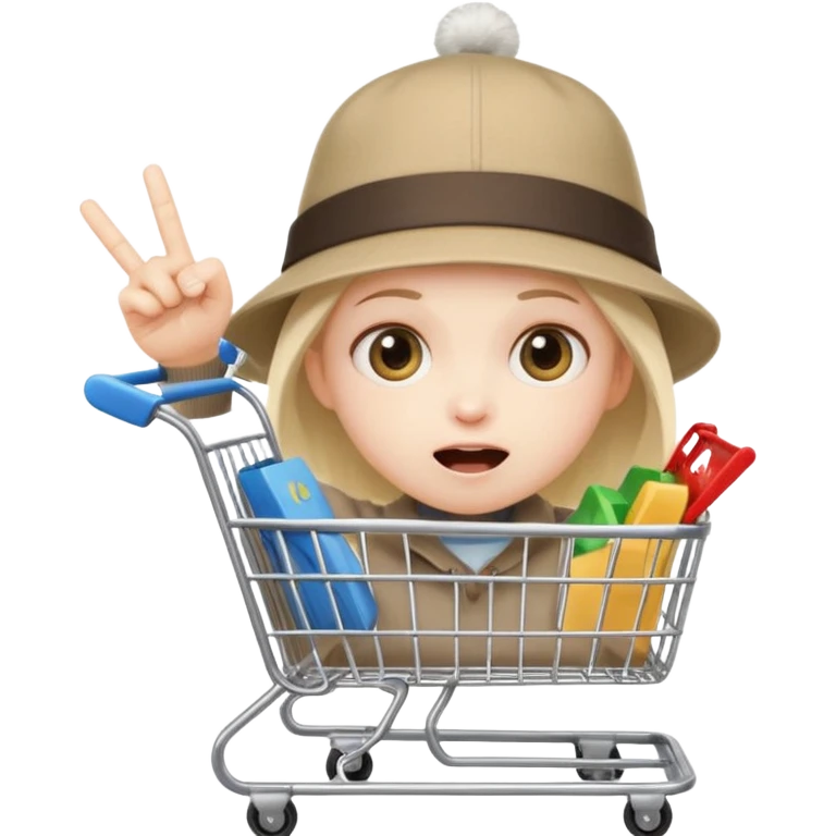 impulsive shopper: tiny face with excited eyes, finger on ‘buy’ button, small fast shopping cart with motion lines emoji