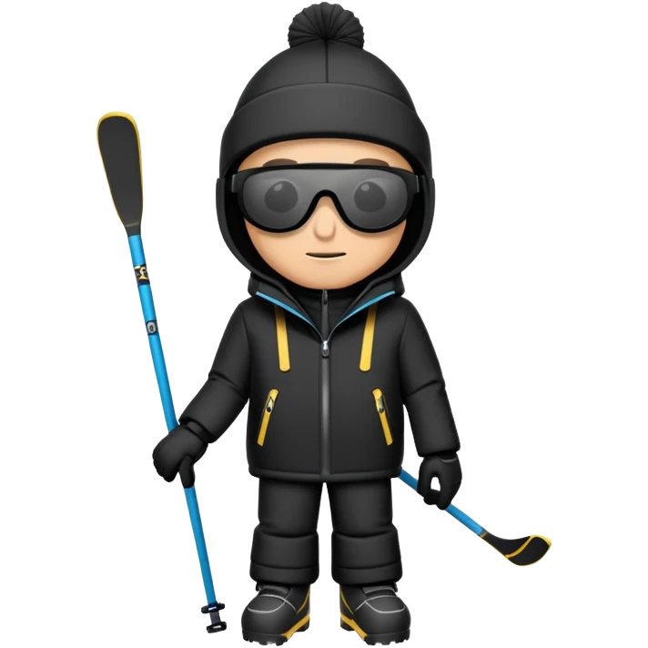 Homme habillé en noir avec une cagoule et des lunettes de ski ,il a une capuche  emoji