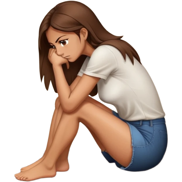 angry woman with brown hair sitting in profile on a floor hugging her knees avoiding conversation  emoji