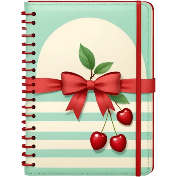 Cute vintage notebook cover, mint and cream vertical stripes, red spine
Hand-drawn cherries with leopard bow, playful feminine aesthetic
Flat illustration, clean composition, soft retro color palette emoji
