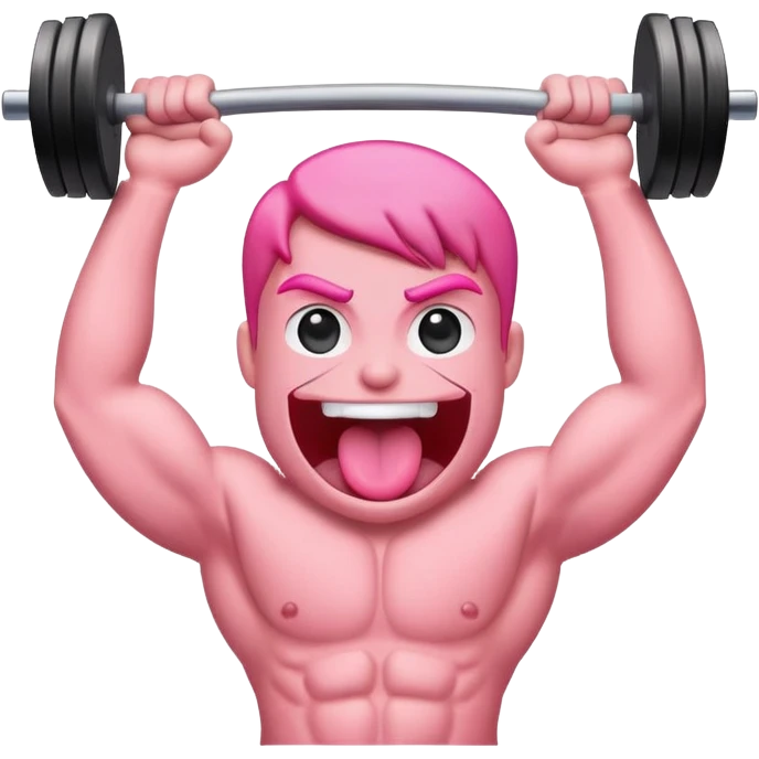 a simple tongue character, flexing and lifting a weight bar above its head emoji