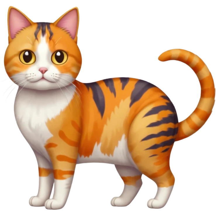 full body colourful calico tabby cat with skinny head and fat body with an anxious face emoji