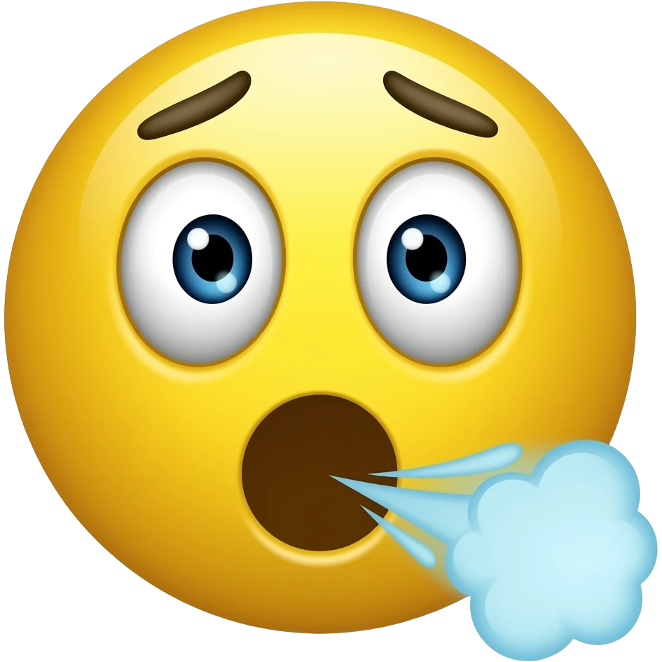 Yellow circle looking tired and suprised and air coming out of the mouth emoji
