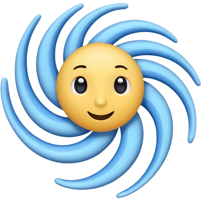 whimsical cyclone emoji character, swirling blue shape with oversized white and black eyes at top, thin black limbs arms and legs coming out from swirl, cartoon mascot style, clean emoji illustration, simple shading emoji