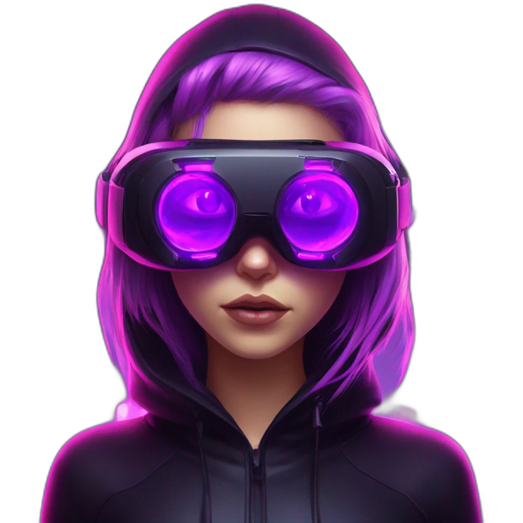 Russian girl wearing black hoody with violet letters "OMG", in vr headset. Cyberpunk style. Violet neon. emoji