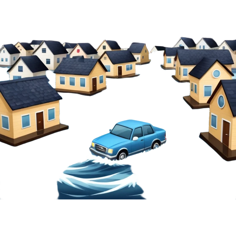 showing a flood disaster scene with strong water waves overflowing streets, partially submerged houses and cars, dark cloudy sky emoji