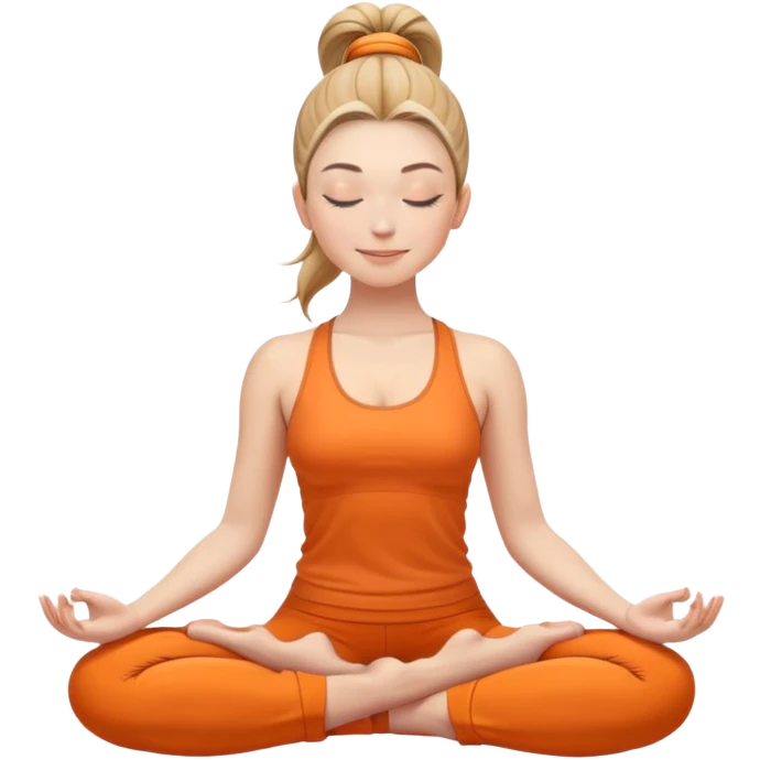 white woman with ponytail hairstyle in lotus position meditation yoga pose, closed eyes with a gentle smile, wearing orange yoga outfit emoji