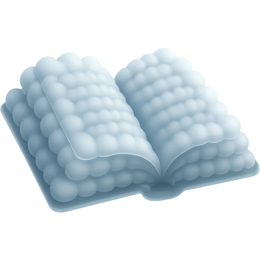 thick open book made entirely of small, very bright white fluffy convex clouds, matte glass style emoji