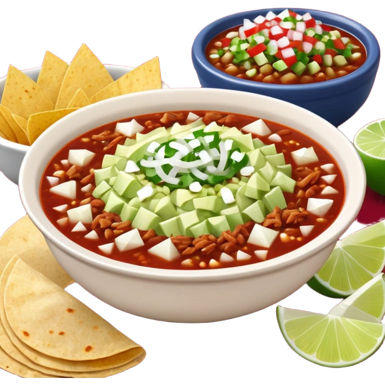 A delicious hot bowl of pozole rojo with the sides next to the bowl: chopped onions, shredded cabbage, lime wedges, red chile de arbol salsa, and full round tostadas emoji