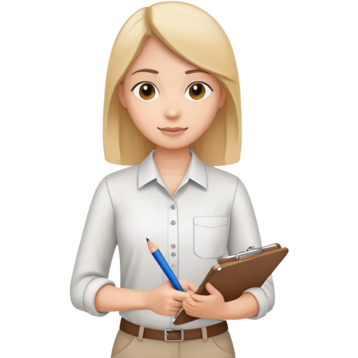 intern or volunteer holding a clipboard and pencil, ready to take notes or assist. The character wears a simple shirt and has an eager posture emoji
