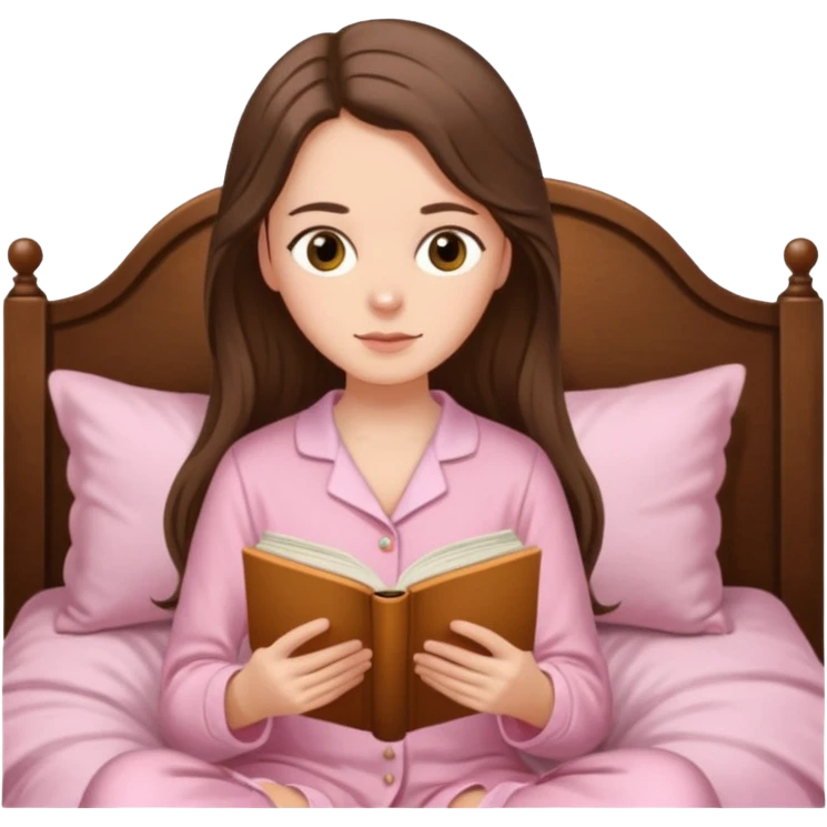  white long brunette hair girl with hazel eyes in light pink pajamas reading Pride and Prejudice emoji