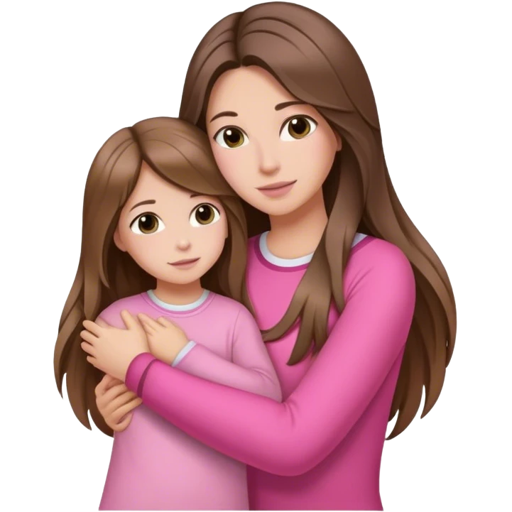 Mom with long balayage beautiful hair and daughter Children with long brown hair hugging Clothes pink emoji