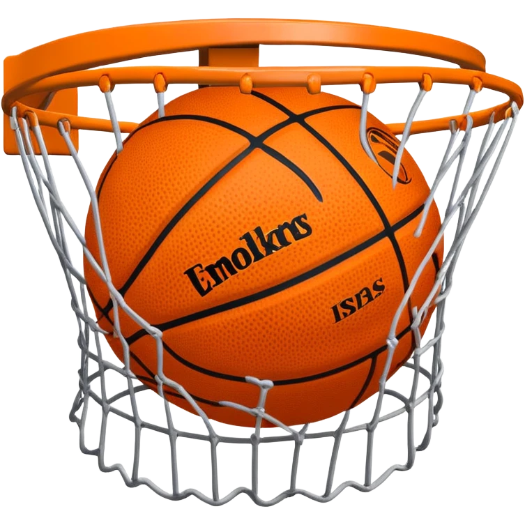 Simple orange basketball with NBA logo caught in basketball net from below perspective, iOS emoji style emoji