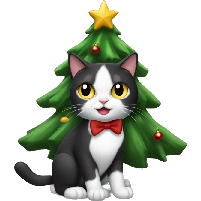 tuxedo cat knocking off Christmas tree emoji
