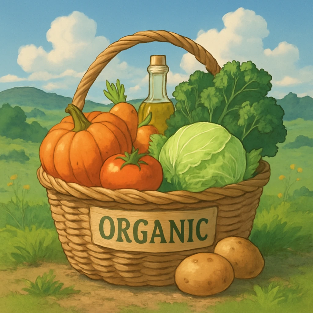 ghibli style basket of organic products with natural background emoji