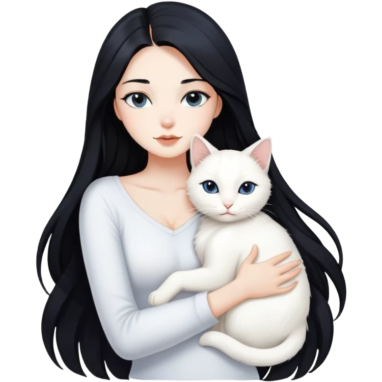 Beautiful sexy girl with long black hair hugs a white cat emoji