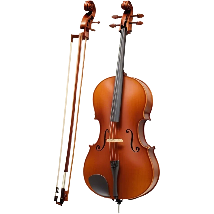 Create an elegant and refined emoji representing a Cremona 4/3F 4/4 cello with bow. The design should feature the distinctive, finely crafted body of the cello, highlighting its rich wooden finish and gracefully curved shape. The bow should be included, with visible horsehair and a polished wooden stick. Add subtle details like tuning pegs and strings to emphasize the precision and craftsmanship of the instrument. Use warm wood tones, deep brown, and soft metallic accents to reflect the high quality of the Cremona cello. The background should be transparent. emoji