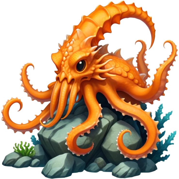 Create a hybrid creature with the agile tentacles and dragon-like features of the orange Dracquid, but with rocky, crystalline growths forming armored segments along its body and a powerful stone jaw like Boulderbite, resulting in a territorial sea guardian that ambushes prey by disguising itself as a coral reef formation before striking with surprising speed. full body emoji