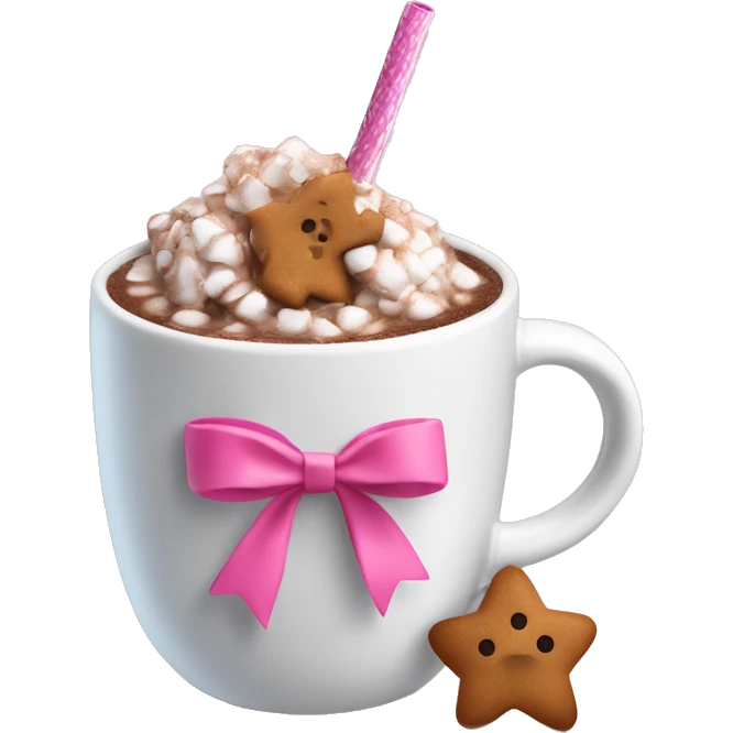 hot coco in a mug with small gingerbreads and a pink straw with a white bow tied around the straw emoji