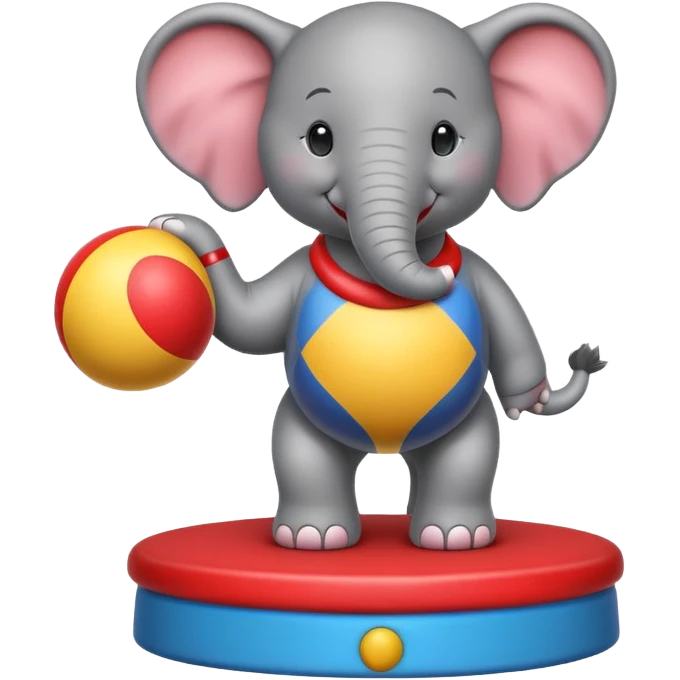 Create a cute emoji of a smiling cartoon elephant balancing a red patterned ball on its trunk while standing on a colorful circus platform. Use a simple, rounded emoji style with clean lines and bright colors. emoji