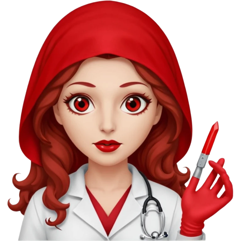 Lilith scalpel in hand, evil surgeon sexy surgeon clothes.  She has red eyes. She brown long curly hair. Wears sexy doctor outfit with red gloves. Wears red burka to hide her mouth and nose emoji