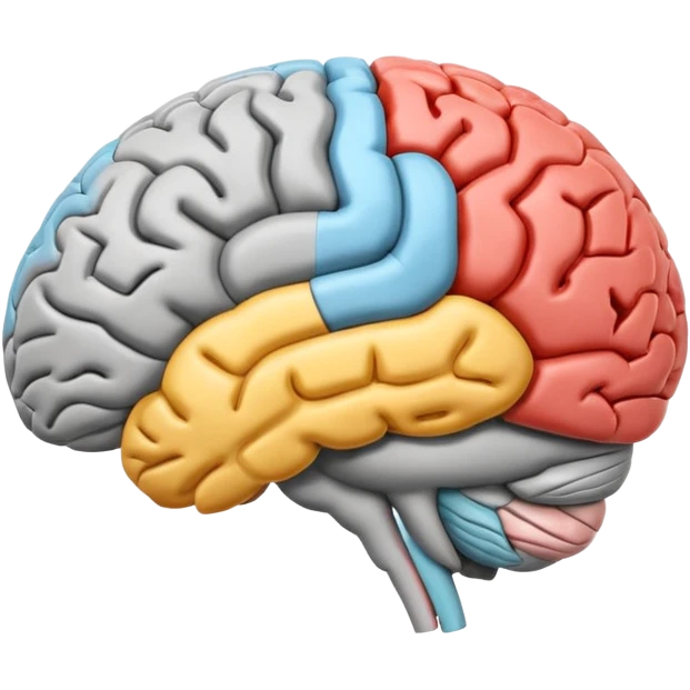 emoji icon of side view of an anatomically correct human brain with details of the brain structure and in detailed 3d rendring, colored to highlight different sections emoji