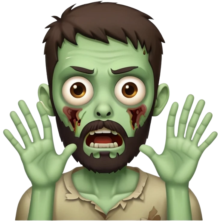 shocked zombie with hands on face, dark brown hair and short full beard emoji
