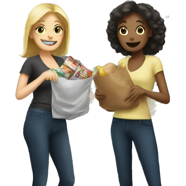 Two white women stocking groceries on a shelf emoji