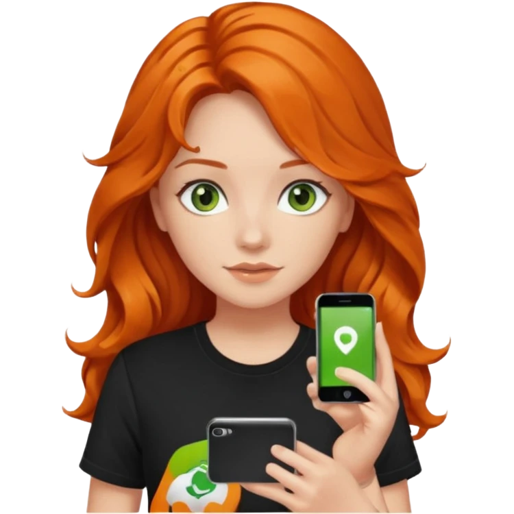 Girl with dark long orange wavy hair, green eyes, and black t-shirt and phone with app on hand emoji