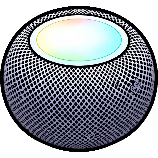 Modern Apple HomePod mini smart speaker, spherical compact design with touch interface on top, minimalist aesthetic emoji